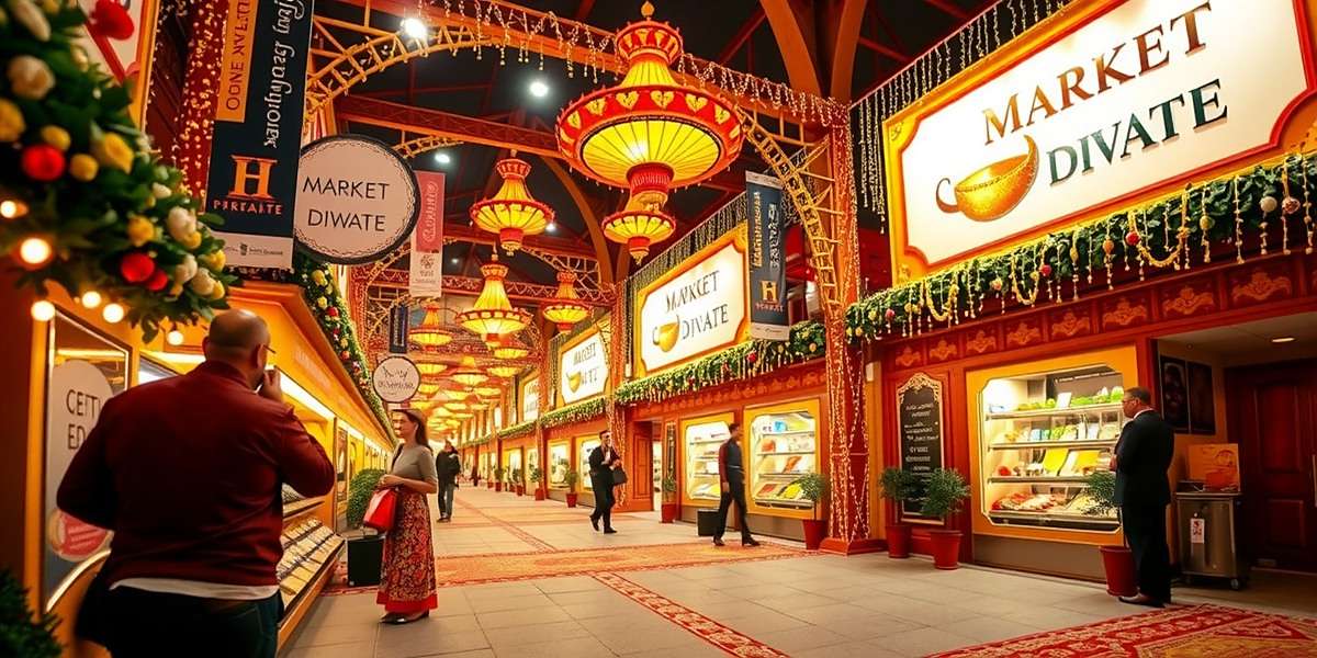Celebrate Diwali in Market Magnate with special in-game events Market Magnate Diwali event showing decorated virtual marketplace with festive lighting